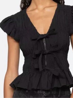Sea New York Regina Top Flutter Sleeve Smocked Black Zipper Bows Front Womens L